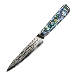 Awabi Utility Knife - Complete Knife With Abalone In Resin Handles And Mosaic Pin - AUS-10 Damascus Steel